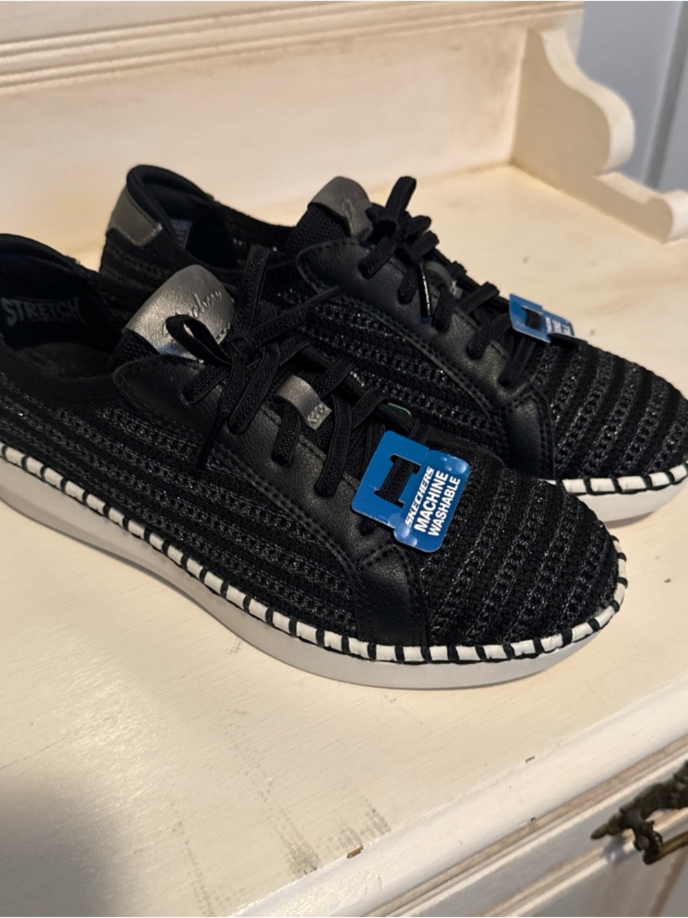 Skechers Black Knit Lace-Up Sneakers with White-Trim Sole